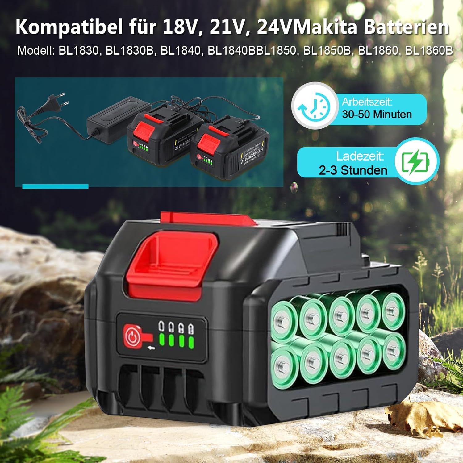 Rasentrimmer mit Akku 21V,Akku Rasentrimmer für Makita Akku,freischneider mit unkrautbürste,2-in-1 Freischneider akku,6 Klingentypen,Inkl 2X4.0Ah Akku & Ladegerät,750W Bürstenloser Motor-Light Blue