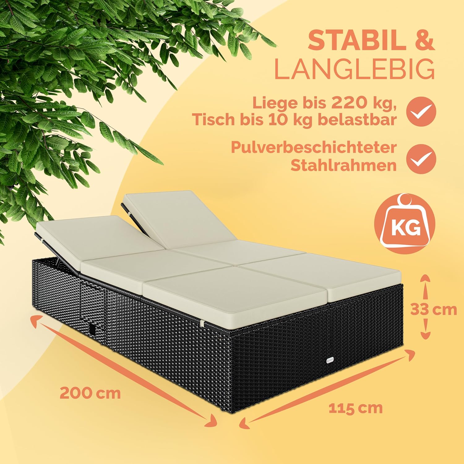 Casaria® Sonnenliege 2 Personen mit Klapptisch 7cm Auflagen Wetterfest Gartenliege 400kg Belastbar Liegestuhl Verstellbar Schwarz Creme 200x115cm