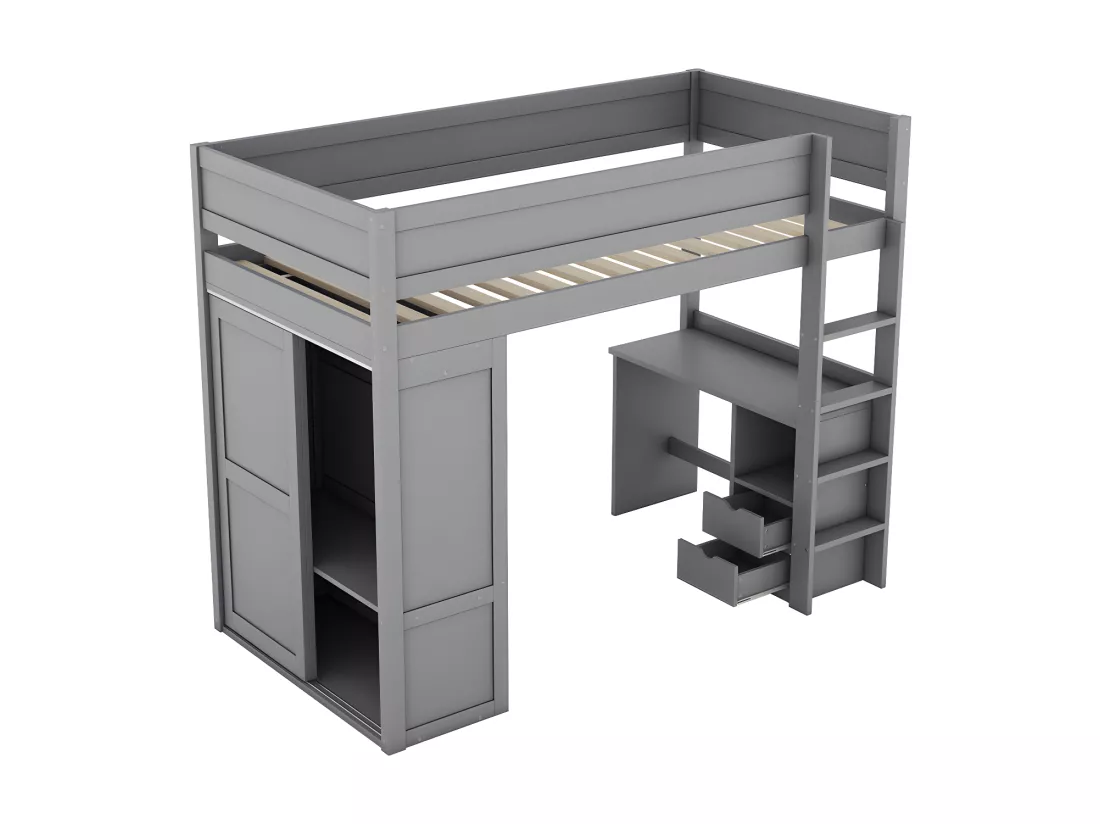 Lit mezzanine 90x200cm - lit enfant multifonctionnel - équipé d'une armoire et un bureau - en pin massif - Gris