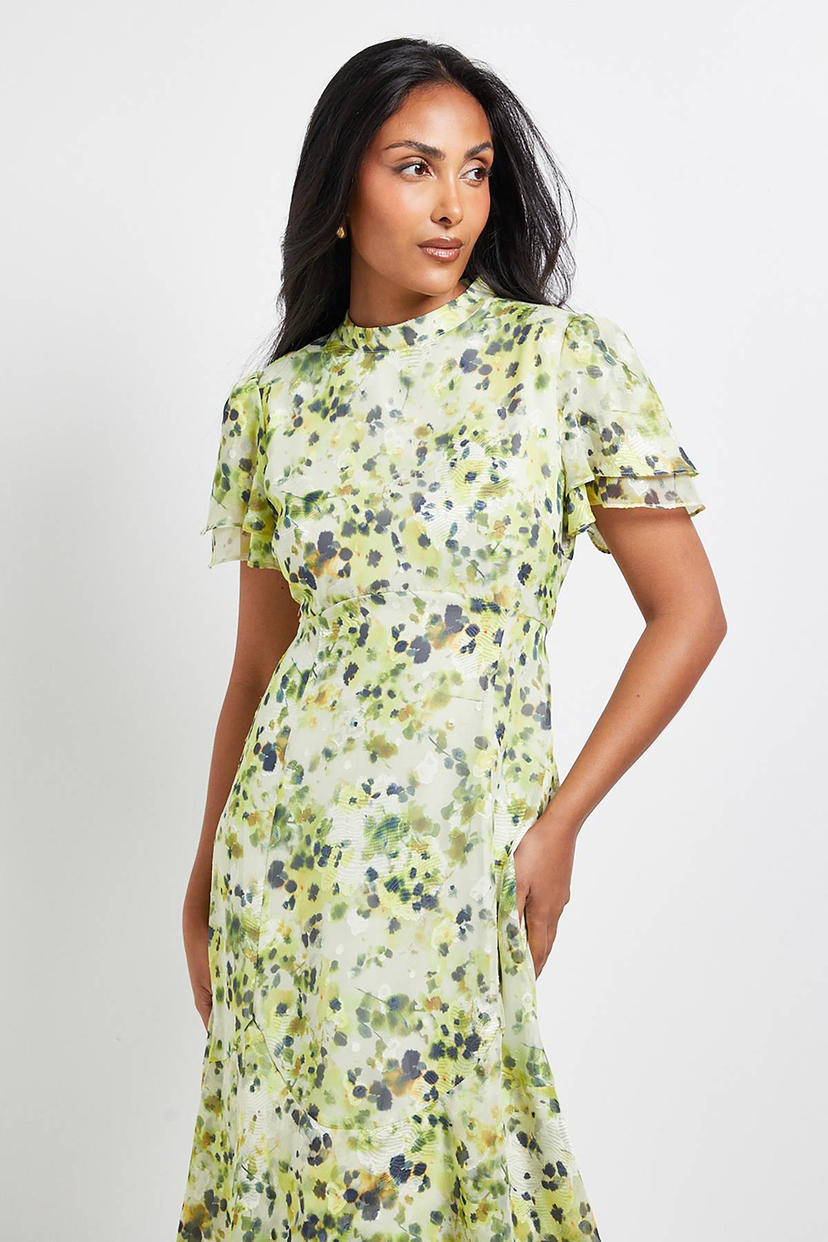 Wallis Robe Midi à Volants Fleurie Dévorée Petite Taille