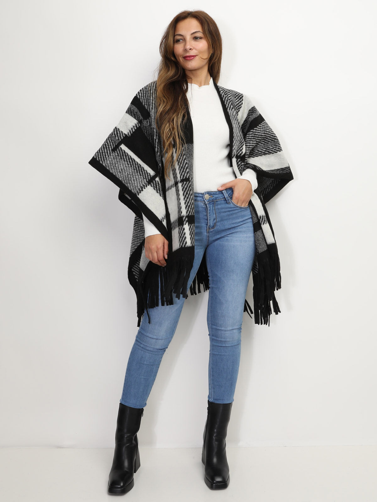 Poncho à franges motif tartan- Noir