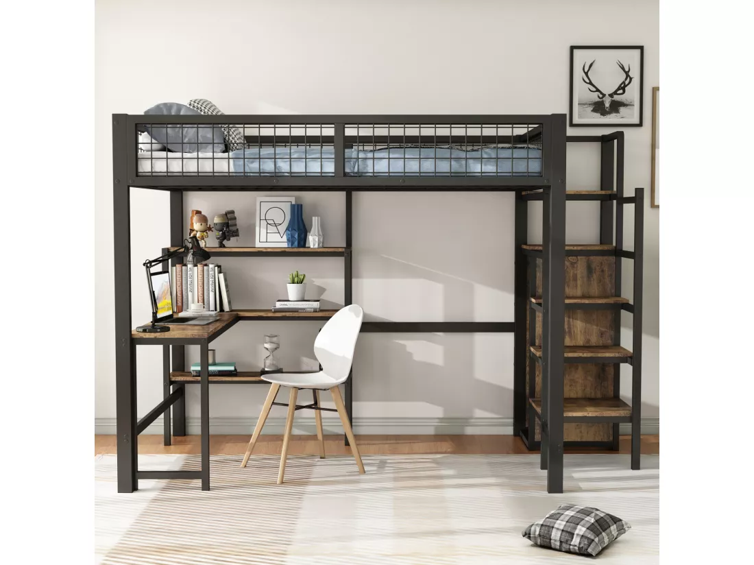 Lit mezzanine 90x200cm, cadre en fer, avec sous plateau bureau L, plusieurs étagères, escaliers et armoire intégrée, noir