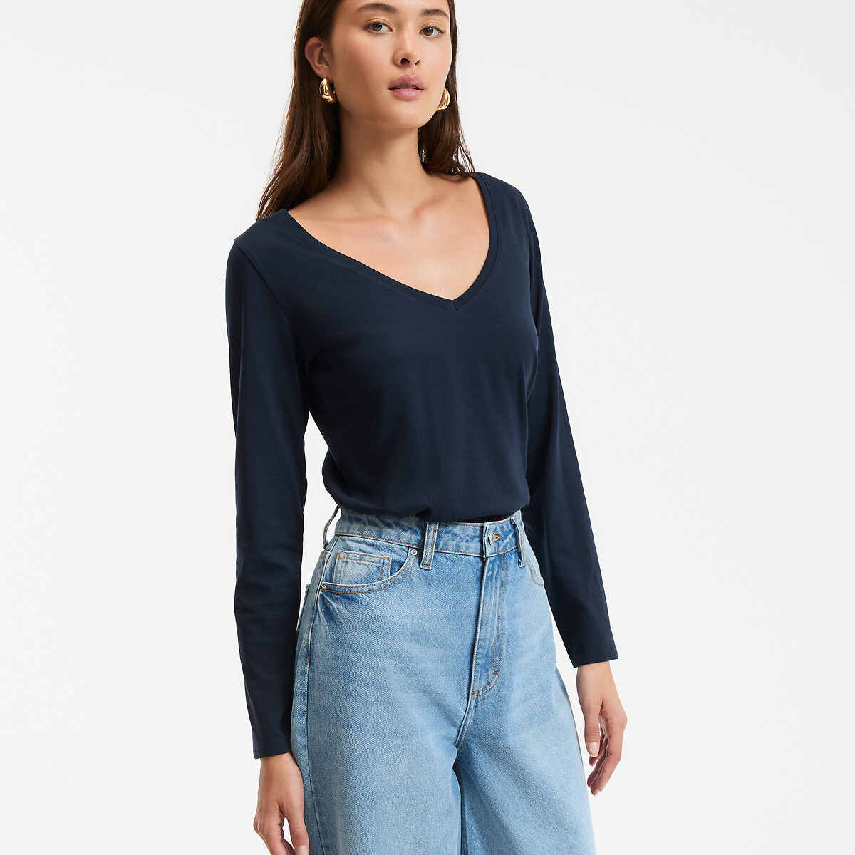 COLEÇÕES LA REDOUTE<br>Camiseta de algodão orgânico, gola V, mangas compridas