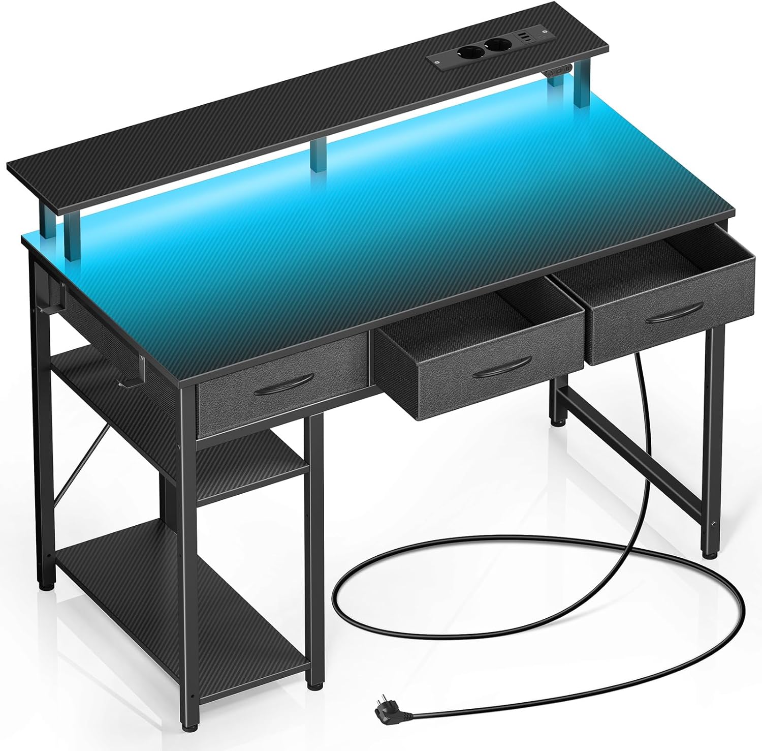 Rolanstar Schreibtisch mit Schubladen, Computertisch mit Steckdosen & LED, Gaming Tisch mit Monitorständer, Regal & 2 Haken, Gaming Schreibtisch für Büro, Wohnzimmer(Schwarz, 120x47x90,5cm)