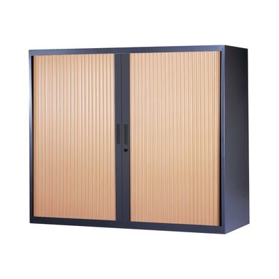 Armoire basse à rideaux - L120 x H105 x P43 cm - 2 tablettes - corps anthracite / porte hêtre