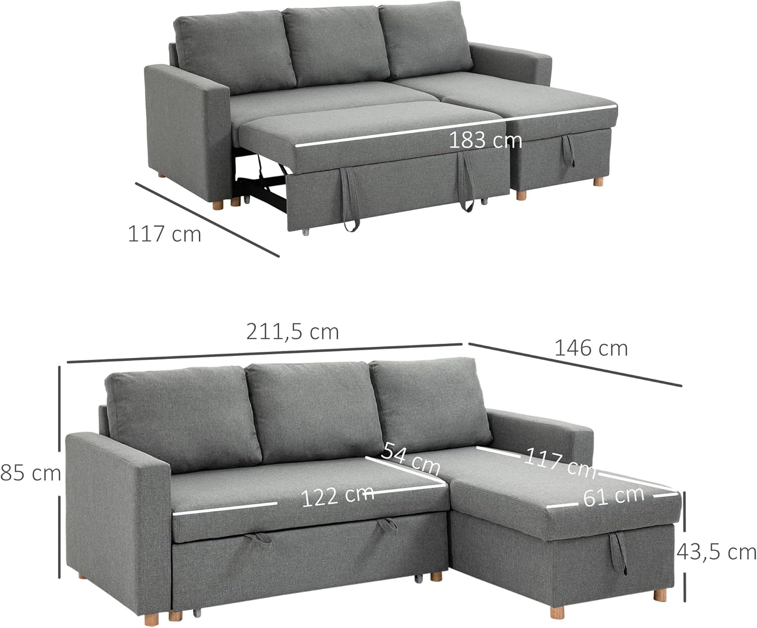 HOMCOM Ecksofa, 3-Sitzer, ausklappbar, Ottomane, wendbar, mit integrierter Aufbewahrungsbox, Füllung aus hochdichtem 24D-Schaumstoff, Polyestergewebe, Leinenoptik, grau