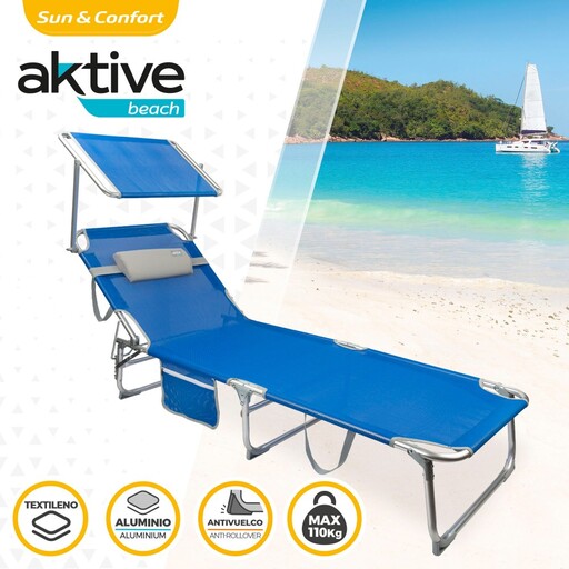 Espreguiçadeira dobrável Aktive Beach com guarda-sol e almofada.