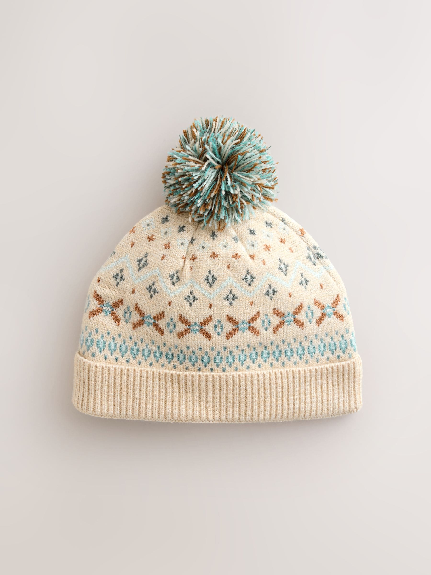 Natural Fairisle - Pattern Baby Knitted Pom Beanie Hat (0mths-2yrs)