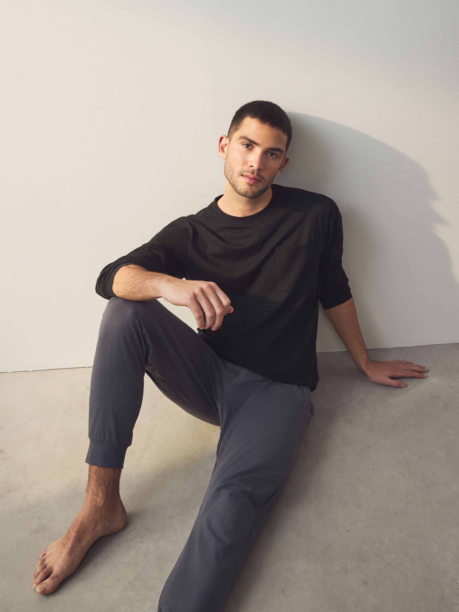 Zwart/grijs - Long Sleeve Cuffed 100% Cotton Pyjamas