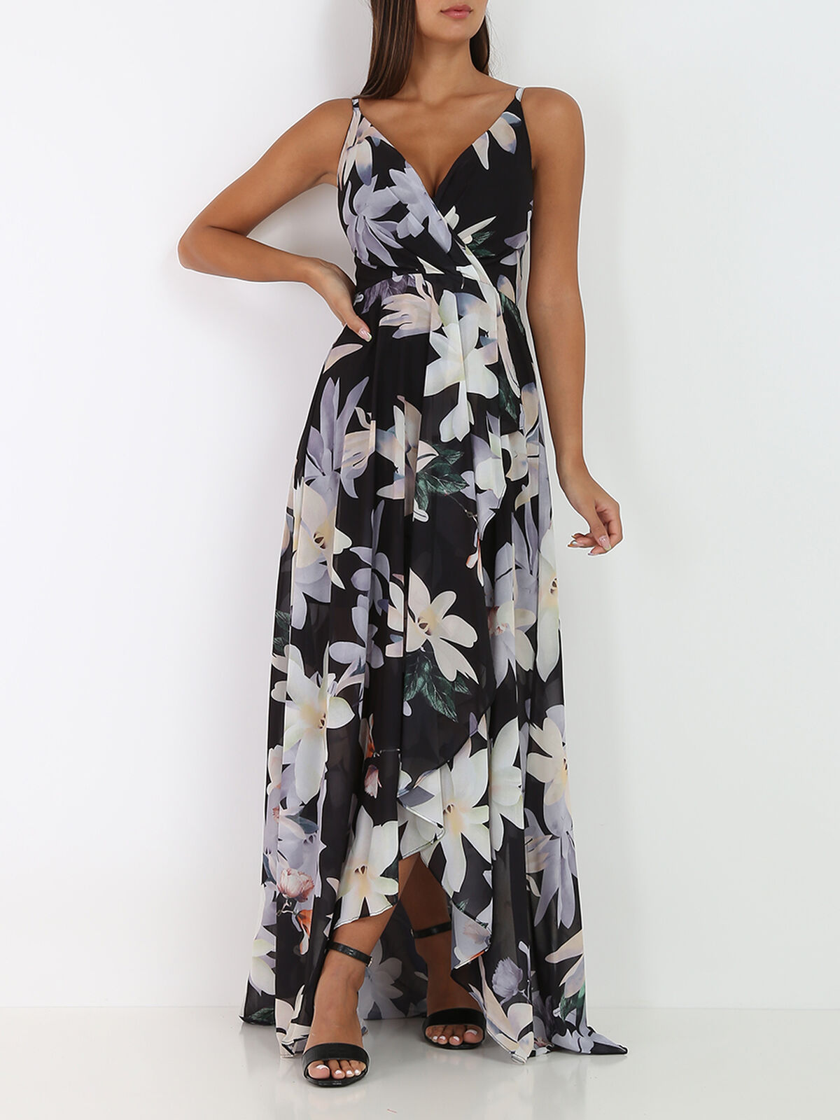 Robe longue fendue asymétrique à fleurs- Noir