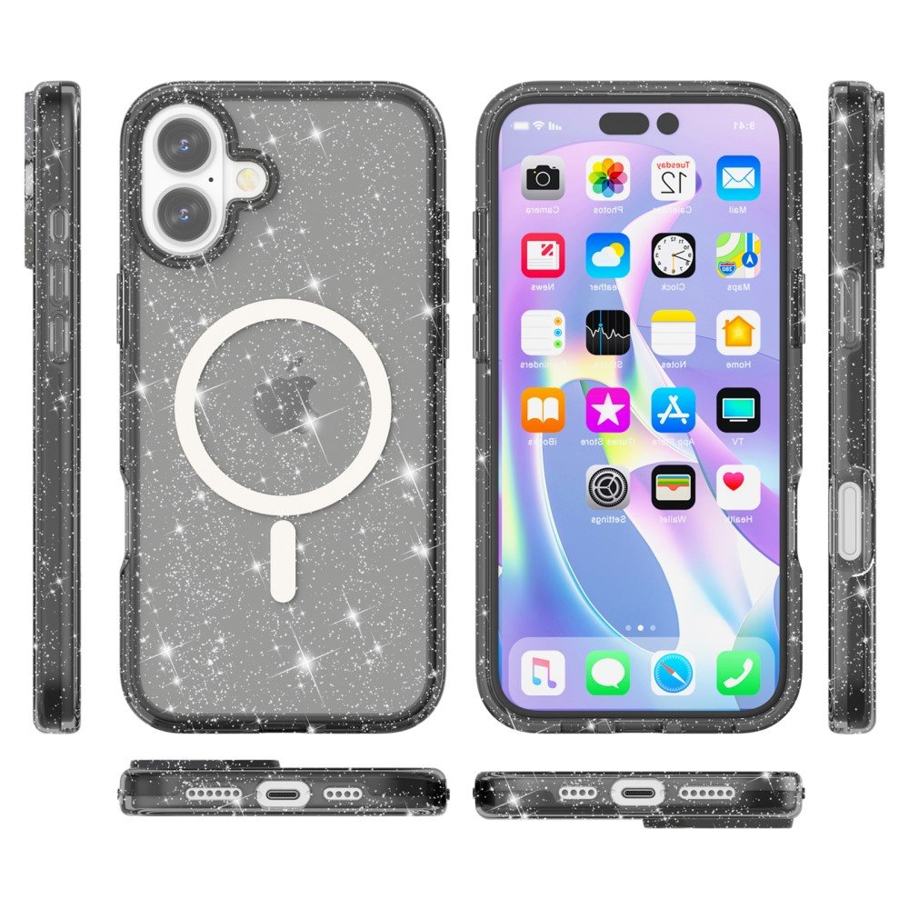 iPhone 16 MagSafe Hybrid Hardcase Schutzhülle im Glitzer Design - Schwarz / Transparent