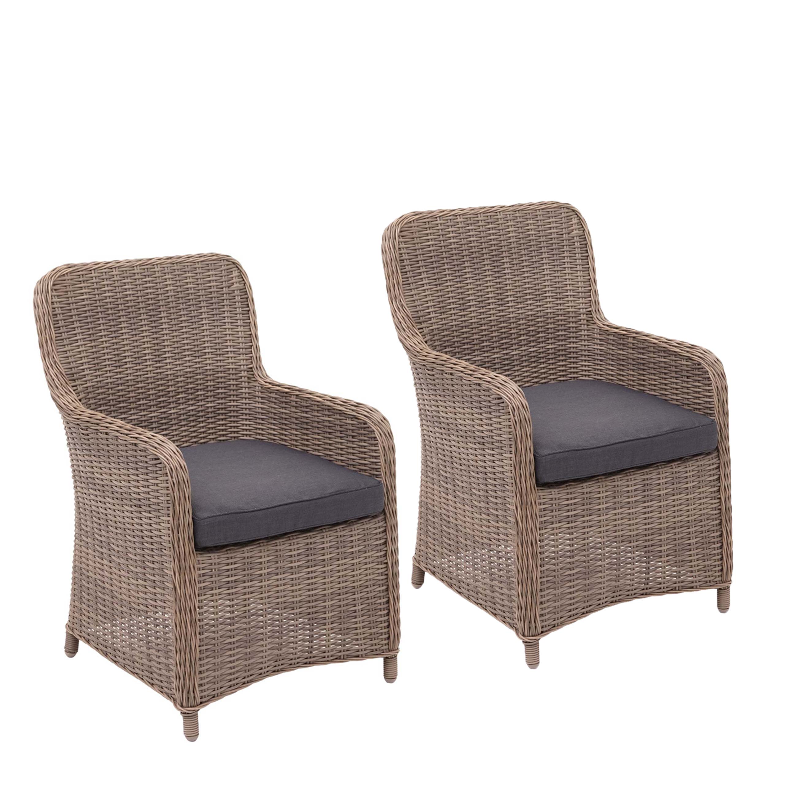 2er-Set Poly-Rattan Stuhl MCW-E98, Rattanstuhl Gartenstuhl Korbsessel, Spun Poly halbrundes Rattan MVG beige Kissen grau