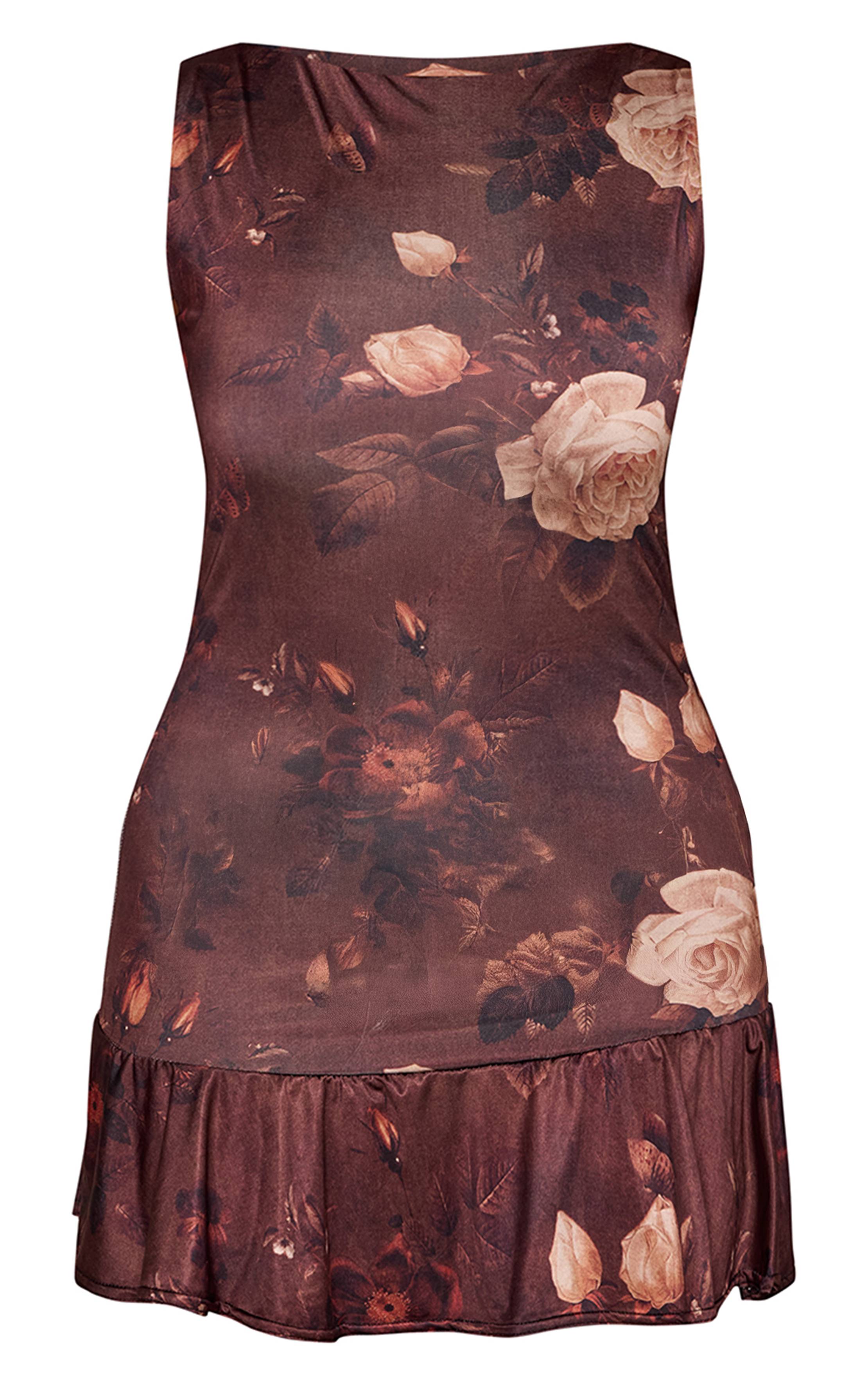 Marron Robe Mini Moulante Shape À Volants Et Motif Floral Sans Manches