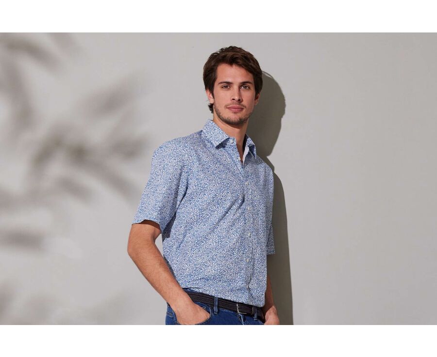 Chemise coton bleue imprimée fleurs blanches - FLAVIUS MC