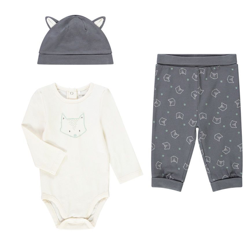Ensemble en jersey bonnet + body + caleçon imprimé renard pour bébé garçon - Gris chiné