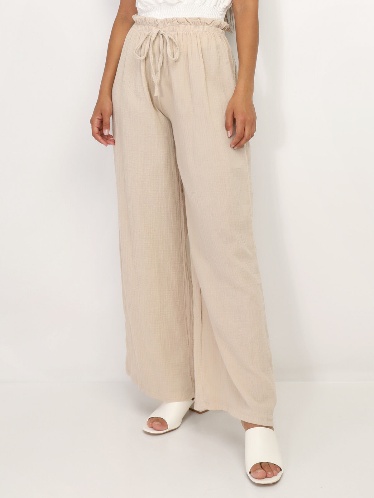 Pantalon ample texturé- Beige