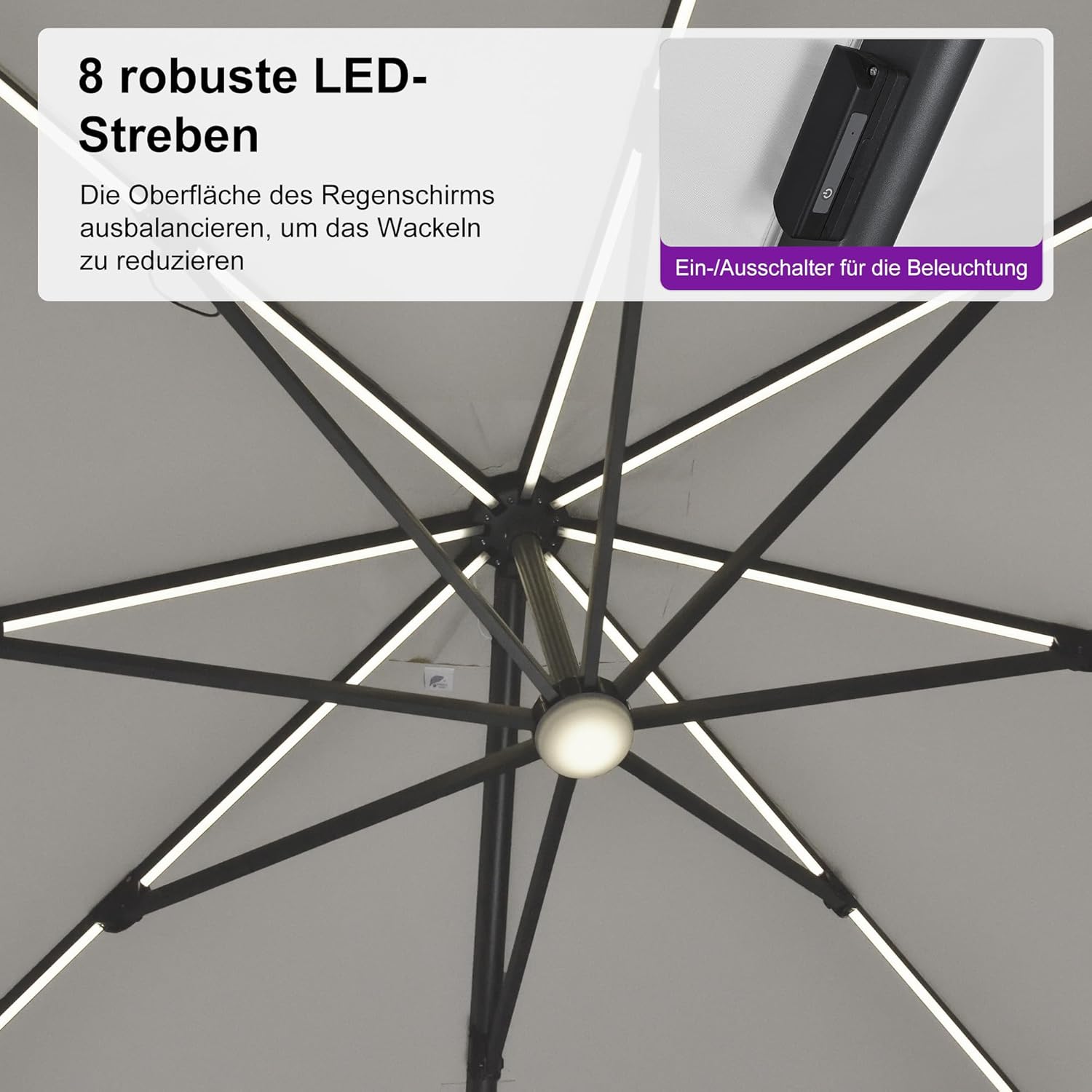 PURPLE LEAF Ampelschirm 300 x 300 cm Sonnenschirm mit LED Beleuchtung, Neigbar Kippbar Gartenschirm mit Kurbel, Aluminium Gestell, 360° Rotation, Weiß