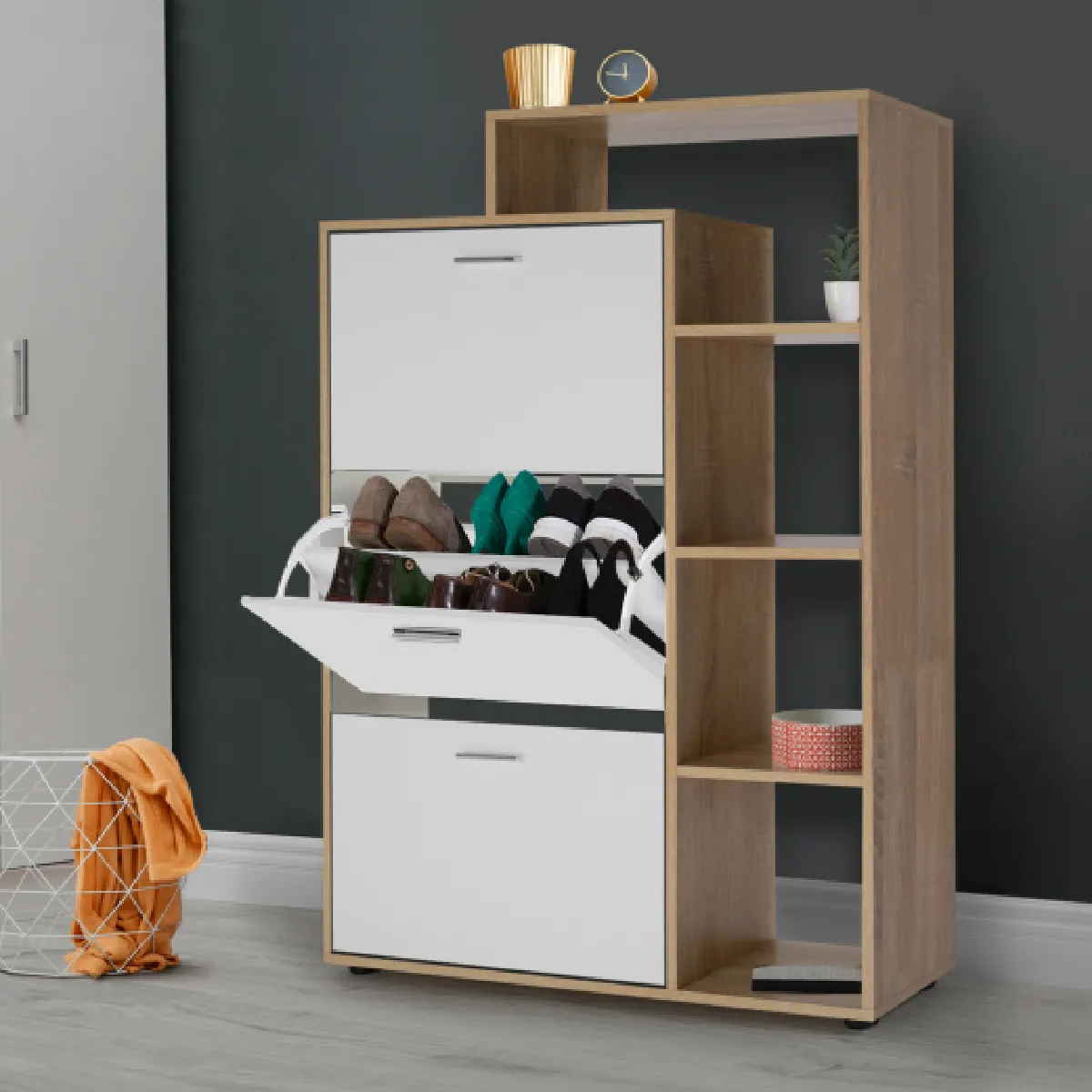 Idmarket MARKET Meuble Chaussures KLARK 3 Portes - Hêtre Blanc