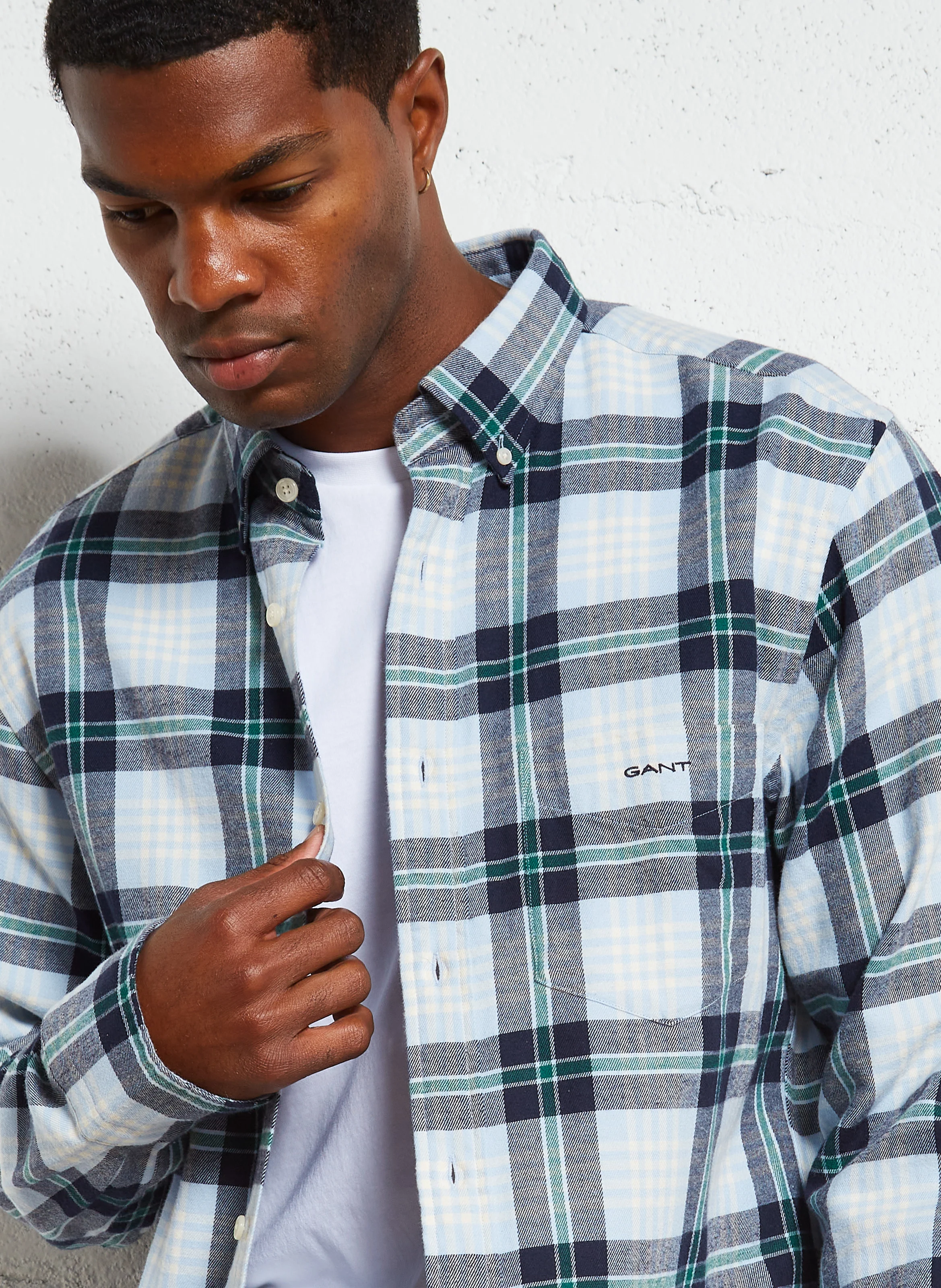 Chemise droite en coton mélangé à carreaux | Bleu