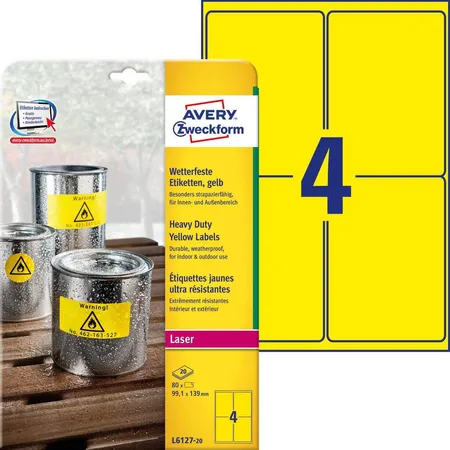 Avery Zweckform L6127-20 Wetterfeste Folien-Etiketten, 99,1 x 139 mm, 20 Bogen/80 Etiketten, gelb