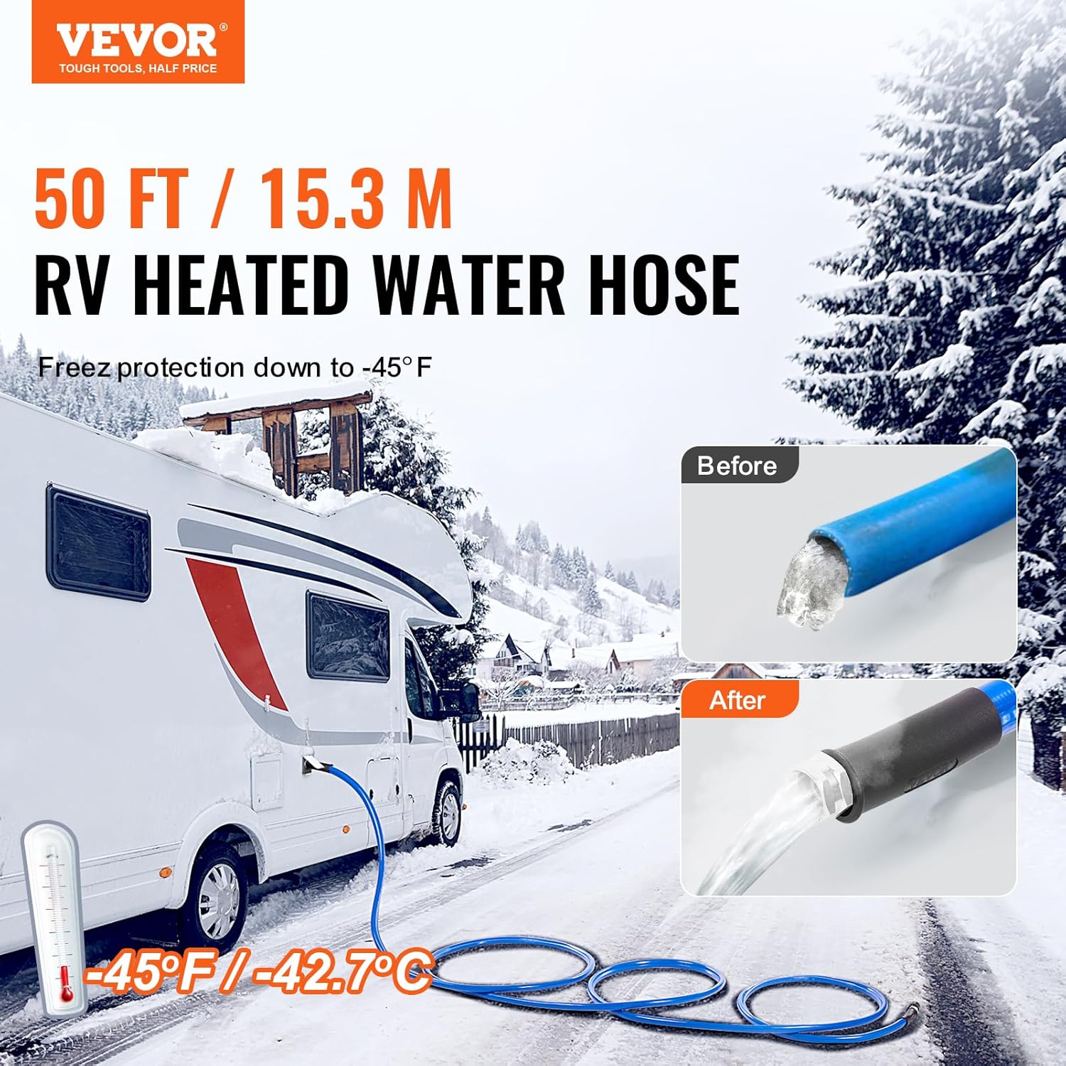 VEVOR 50ft beheizter Wasserschlauch für Wohnmobil, beheizter Trinkwasserschlauch mit Frostschutz bis -45°F, automatisch selbstregulierend, 5/8