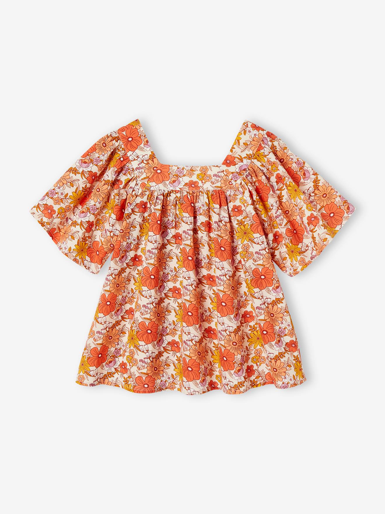Blusa nude com estampa floral e mangas borboleta para meninas