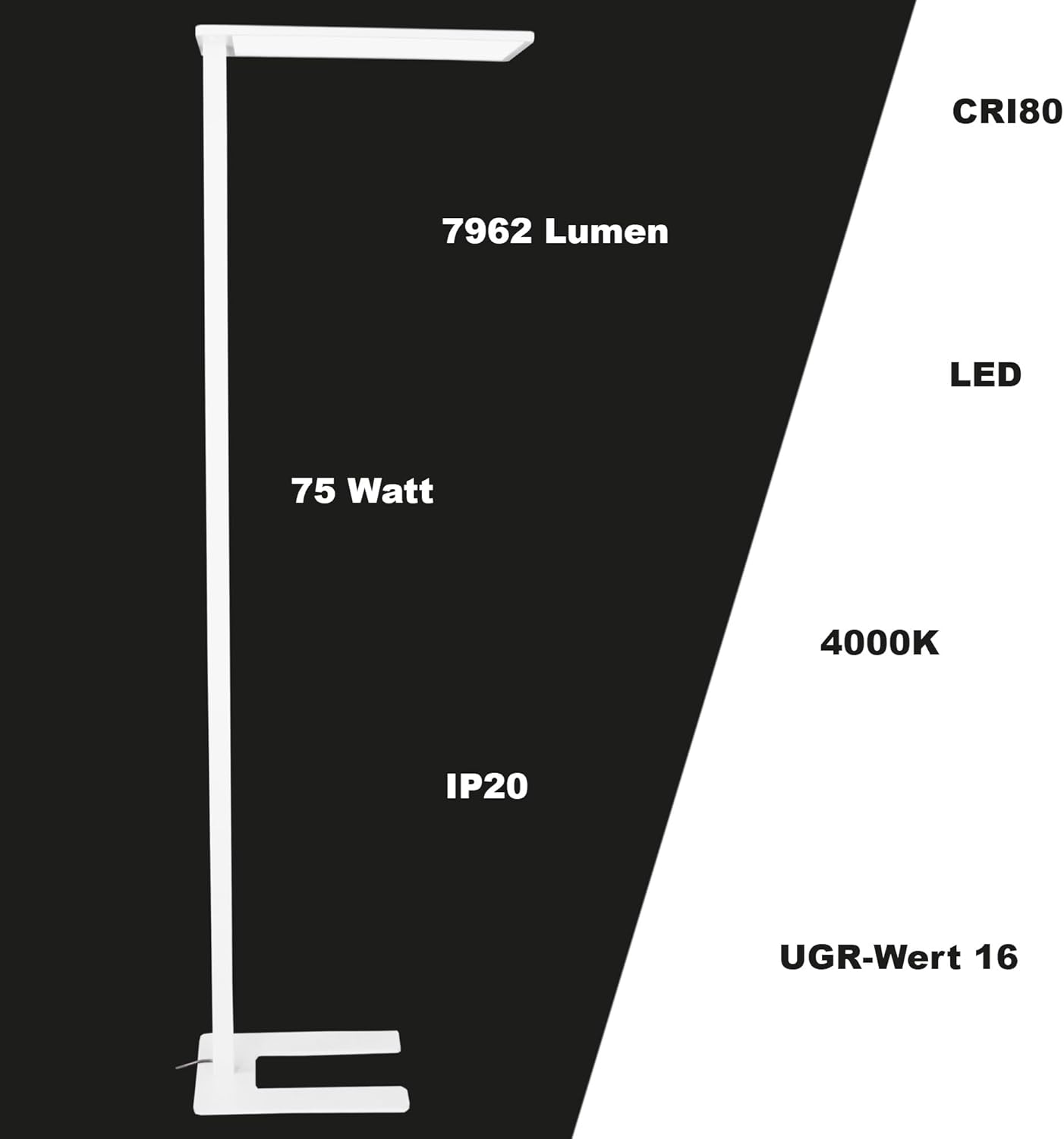 Moderne LED Stehleuchte Büro, weiss, Tageslichtsensor und Bewegungsmelder 190cm - 75 Watt 7962 Lumen 4000 Kelvin Neutralweiss Dimmbar mit direkter, indirekter Beleuchtung, Arbeitsplatz