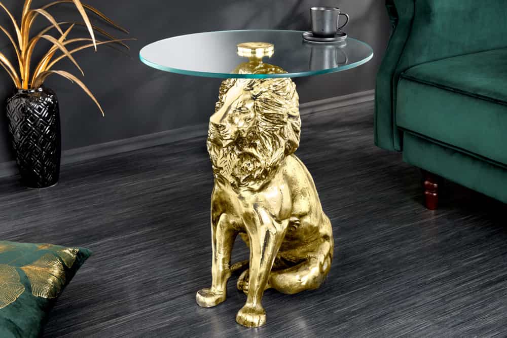 Runder Beistelltisch WILDLIFE LION 60cm gold antik Metall Glas Löwen Skulptur