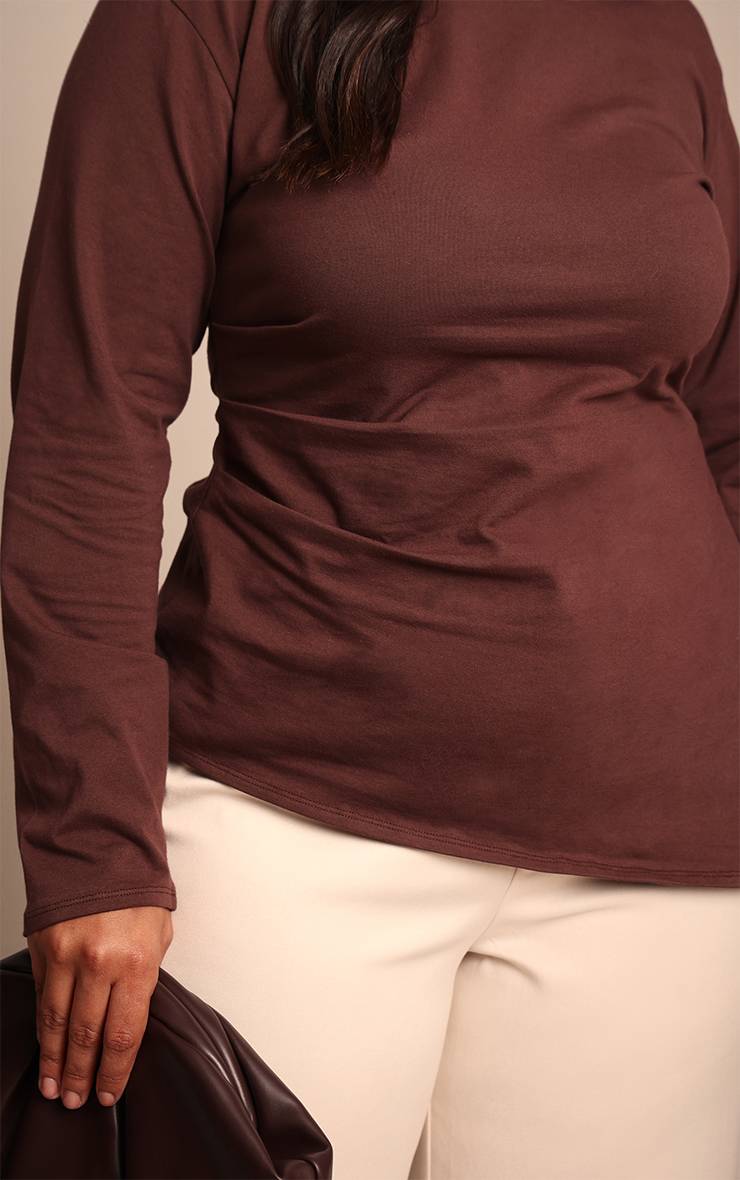 Chocolat T-shirt Grande Taille En Coton À Manches Longues Avec Fronces Sur Les Côtés