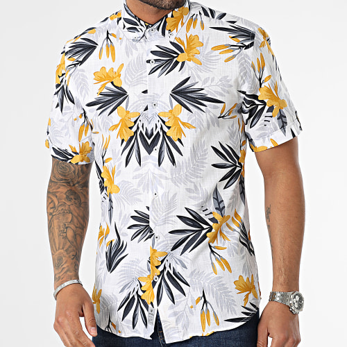 Chemise Manches Courtes Floral Blanc Jaune Bleu Marine
