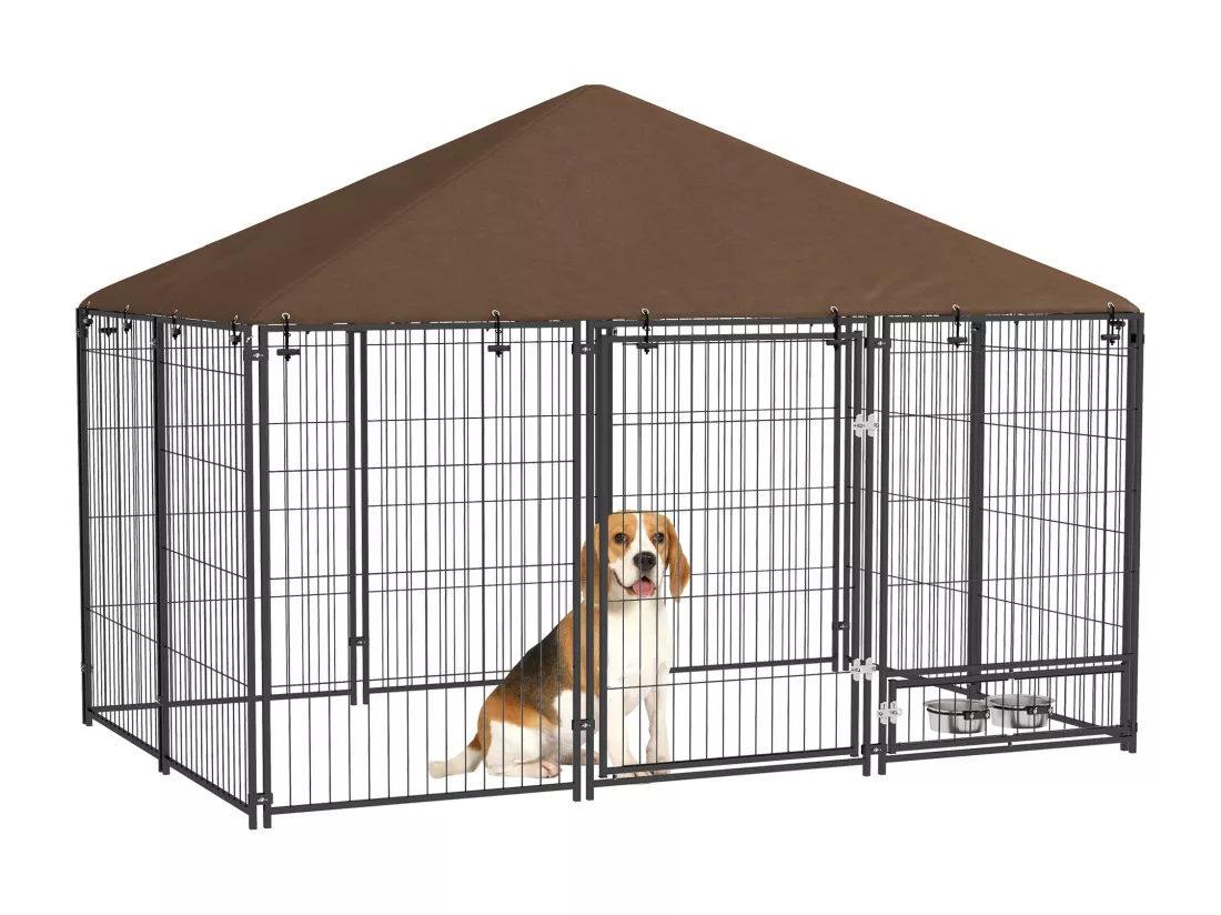 Chenil extérieur couvert pour chien 2 supports gamelles rotatifs porte verouillable acier noir