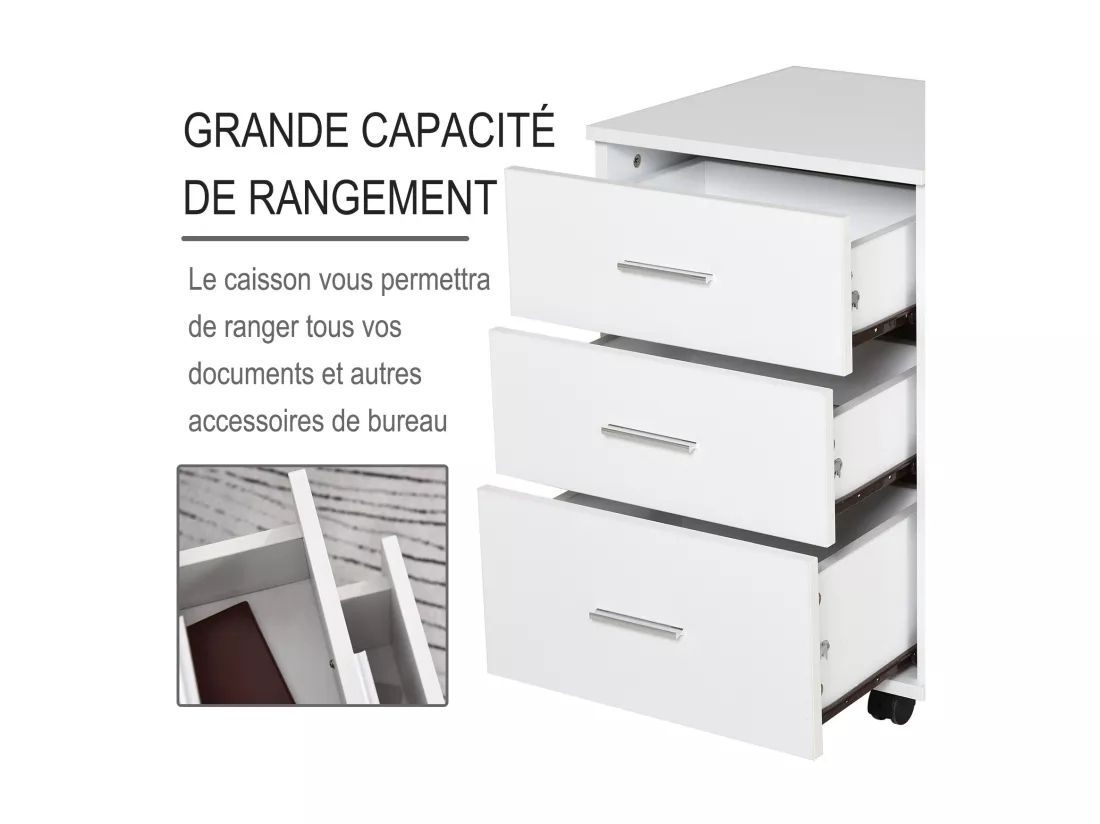 Caisson de bureau rangement bureau sur roulettes 3 tiroirs verrouillables dim. 40L x 41,5l x 61,5H cm blanc