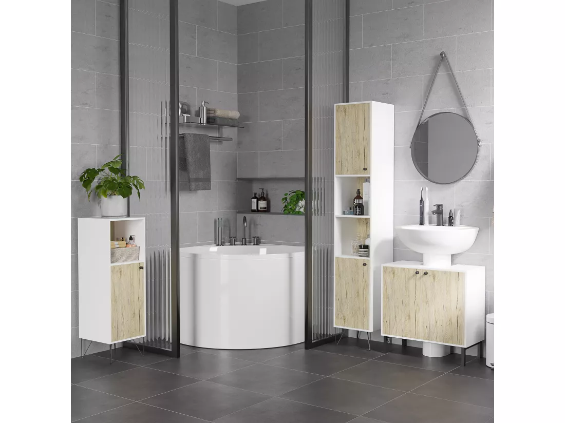 Meuble colonne rangement salle de bain style cosy 2 niches 2 portes avec étagère piètement épingle acier noir blanc aspect chêne clair