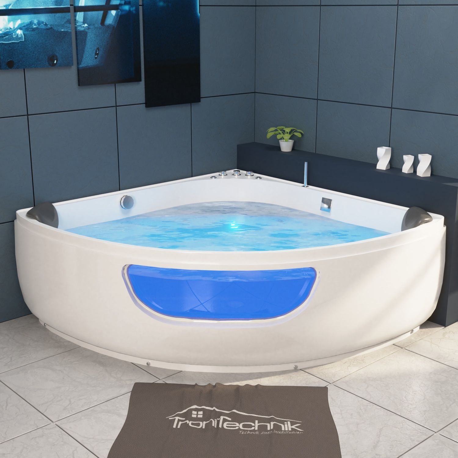 TroniTechnik® Whirlpool Badewanne Eckwhirlpool PAROS 150cm x 150cm, vormontiert, Acrylwanne 2 Pers., 12 Düsen, Sanitäracryl
