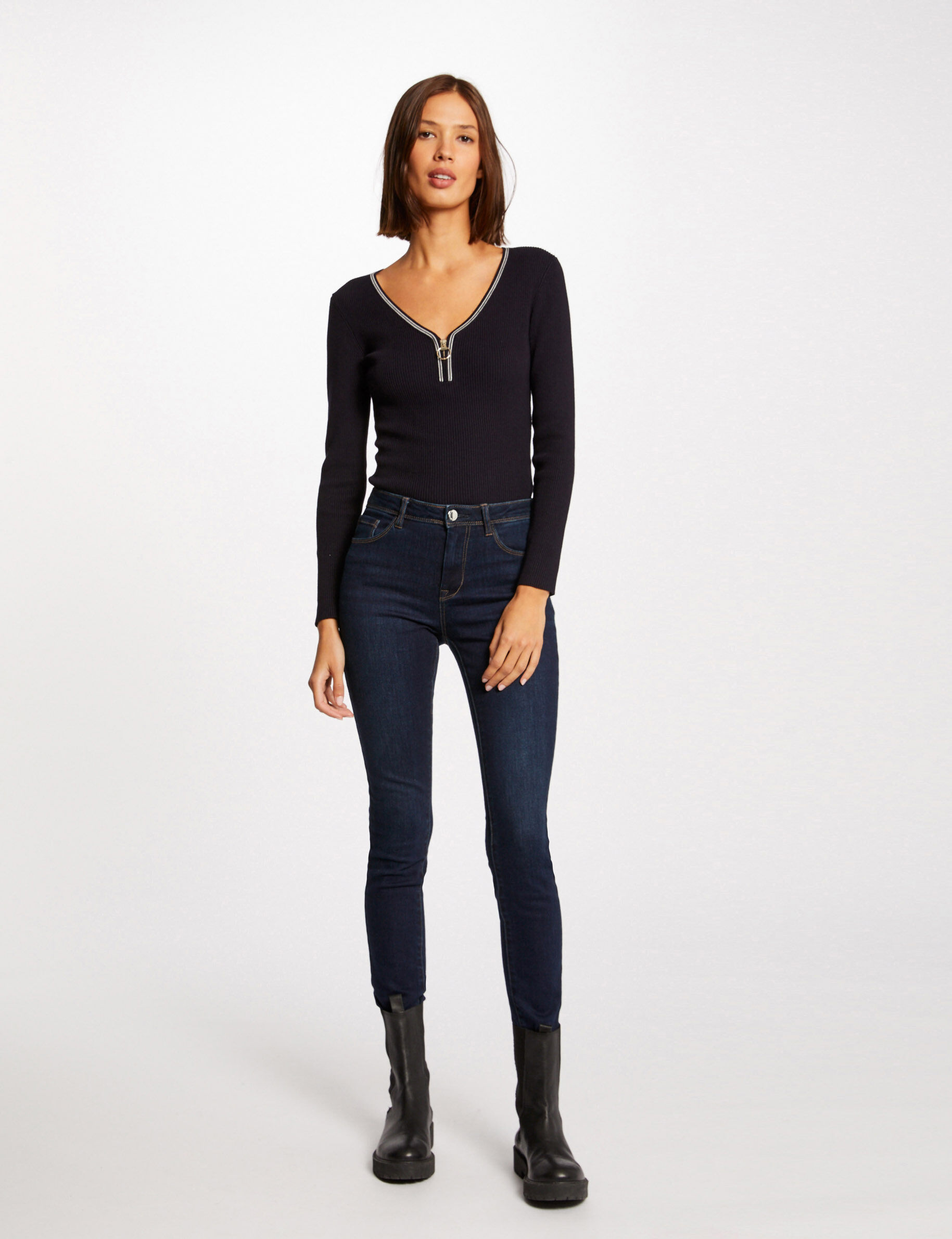 Pull manches longues à col en V marine femme - marine