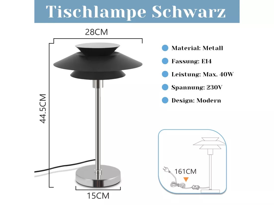 NETTLIFE Lampe de table noire Lampe de chevet moderne E14 1 flamme Salon Lampe de table métal design avec câble Lampe de chevet
