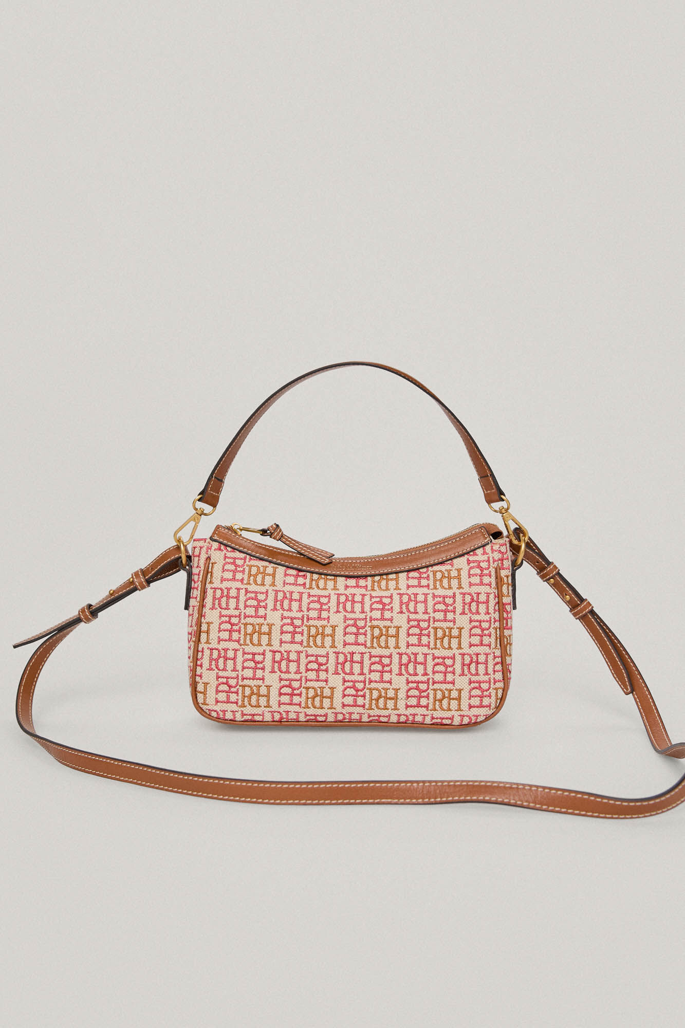 Bolsa baguette e bolsa de ombro em lona com logotipo bordado e detalhes em couro - Rosa