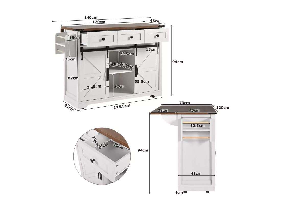 Ilot central de cuisine mobile avec 2 portes coulissantes et 3 tiroirs - plateau extensible - 140 x 45/73 x 92.5 cm - Bois MDF + métal - Blanc + naturel