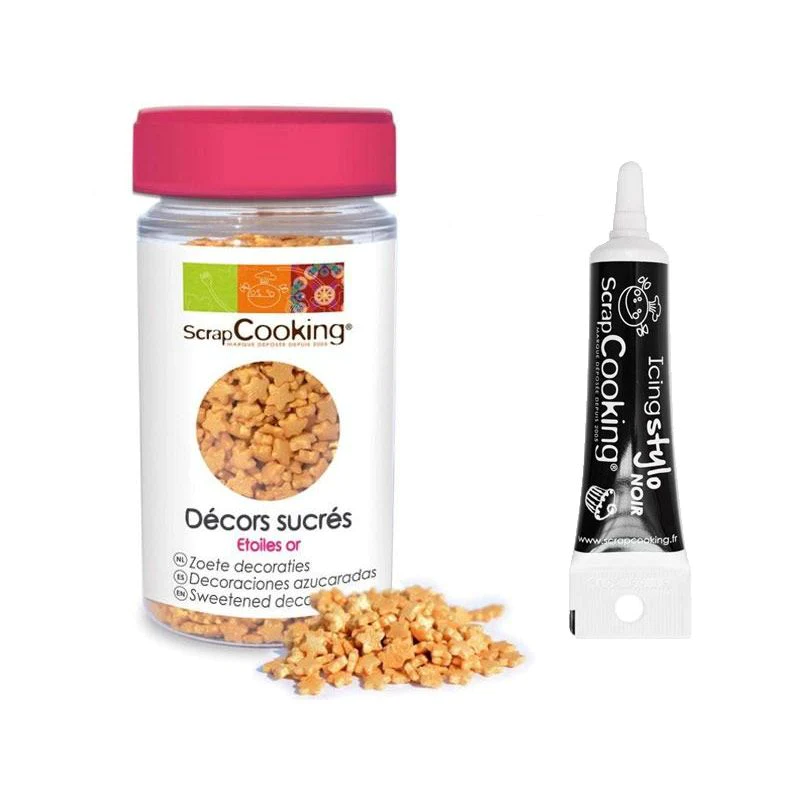 Décors sucrés étoiles dorées + Stylo de glaçage noir Scrapcooking