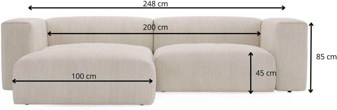 GRAINGOLD Landi Ecksofa 248x180 cm, L-Form Sofa, Ecksofa für Wohnzimmer, Cord Stoff, 4-Sitzer Eckcouch, Modernes Design (Creme, Links)