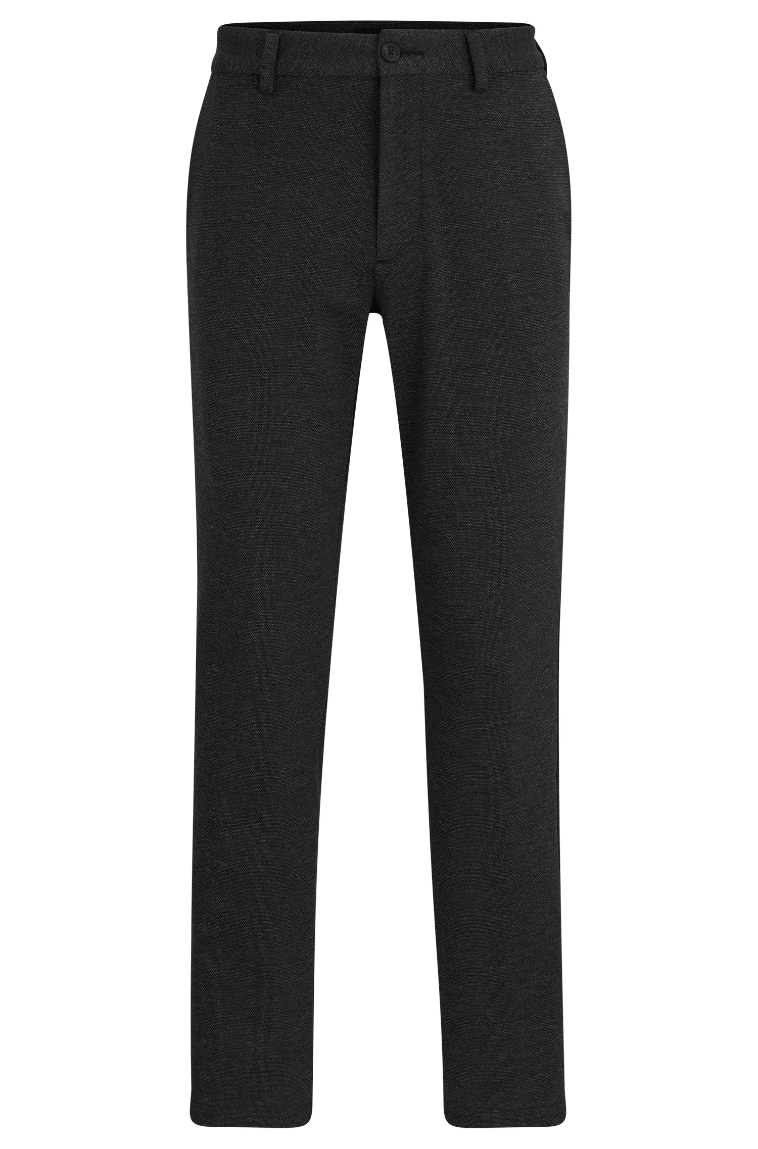 Calça BOSS preta, corte slim, em tecido estruturado de alta performance com elasticidade.