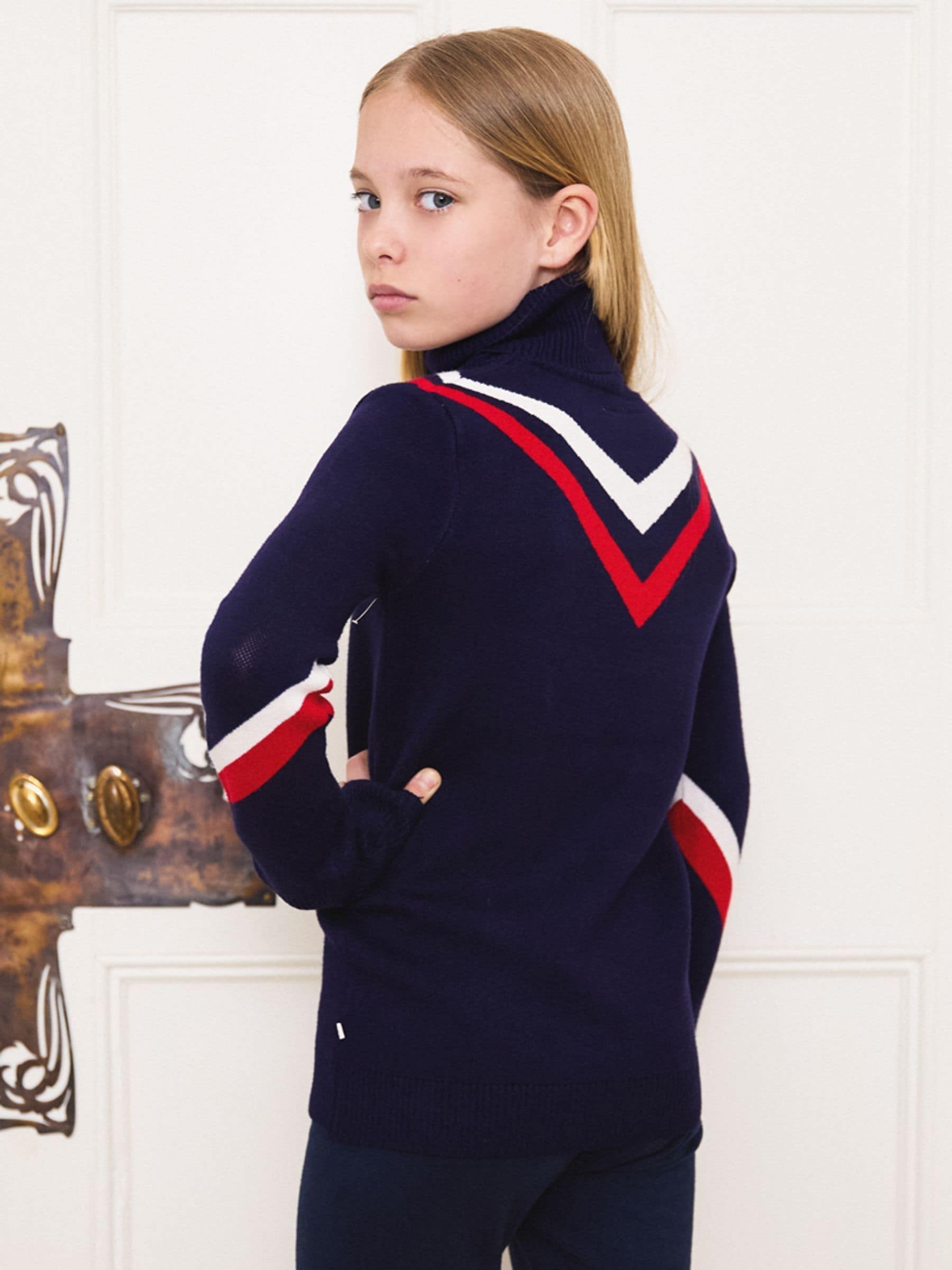 The Little Tailor blauwe retro sport slim fit kersttrui voor kids