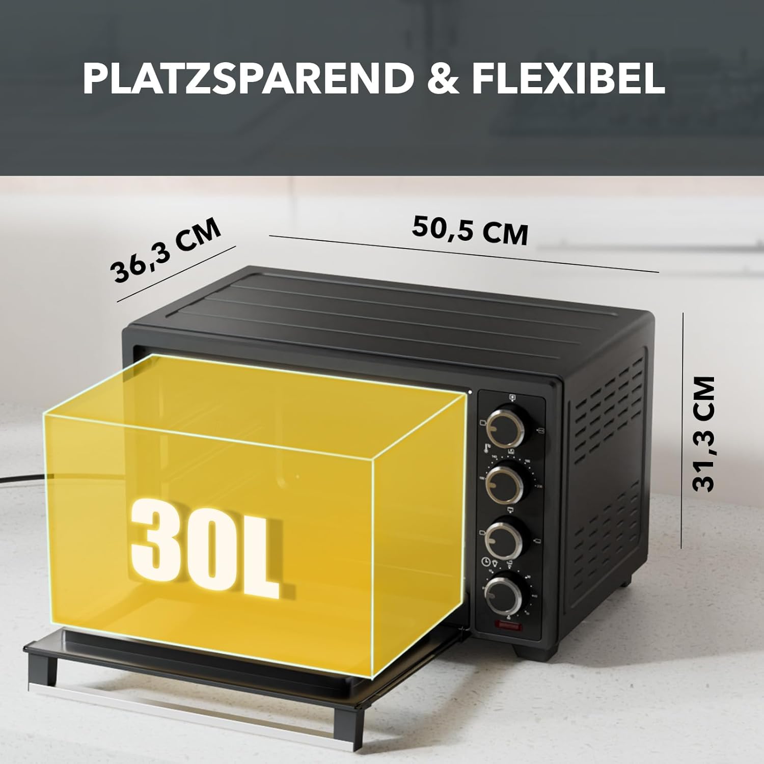Heinrich´s Minibackofen mit Umluft 30L - Backofen klein mit Drehspieß, Airfryer-Einsatz inkl. Timer, Innenraumbeleuchtung, 100-230 °C, mit großem Sichtfenster, inkl. Zubehör, schwarz, 1600W