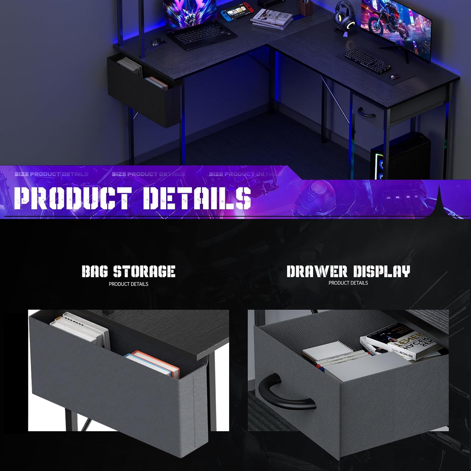 Yansee L-förmiger Schreibtisch, Gaming-Tisch Mit LED, 140×110cm Reversibel Schreibtisch L Form Mit Steckdosenleiste, Eckschreibtisch Eckschreibtisch Mit Aufsatzregal, Schwarz