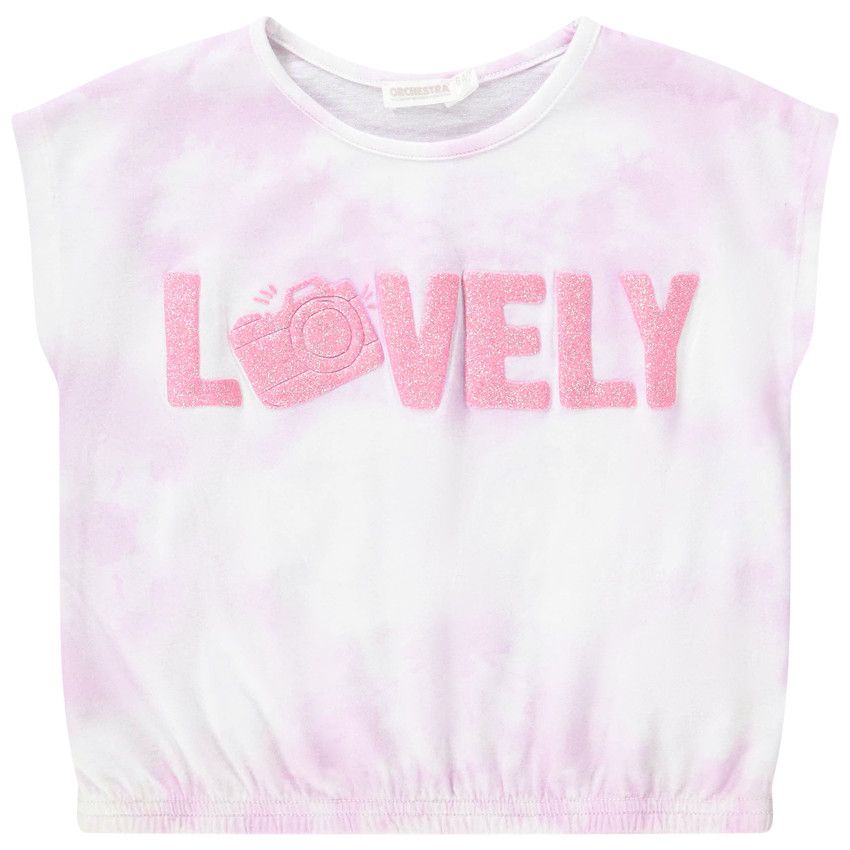 T-shirt manches courtes forme boîte effet tie & dye et puff print pour fille - Lilas
