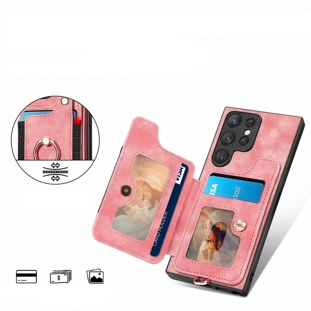 Samsung Galaxy S23 Ultra 5G Necklace Leder Hülle mit Kartenfächer   Finger Griff Halterung   Handykette (RFID Schutz) - Rosa