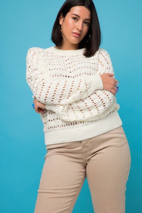 Pullover, oversized, Lochstrick, Rundhals, Langarm