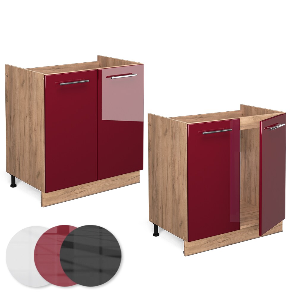 Vicco Spülenunterschrank Küchenschrank Küchenmöbel Fame-Line Eiche Rot Bordeaux modern 80 cm Küche Einbauküche Drehtür Siphonausschnitt Blende Küchenzeile Hochglanz