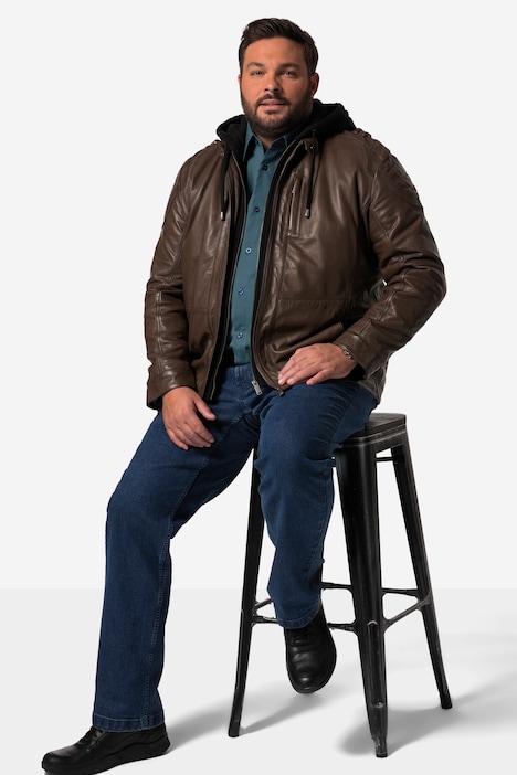 Men+ Lederjacke, Leder, Jersey-Kapuze, Zipper, bis 7 XL