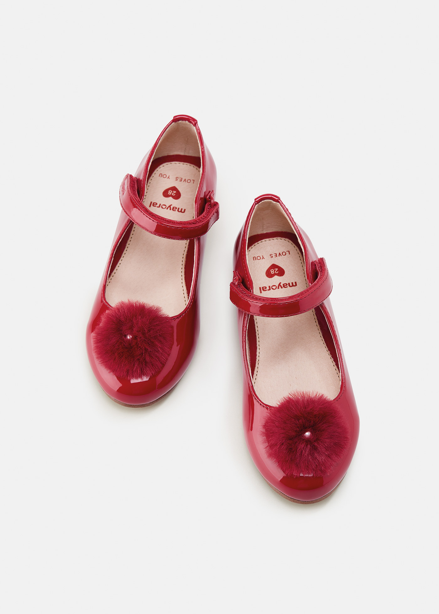 Sapato estilo Mary Jane com palmilha de pompom, em couro sustentável, para meninas.